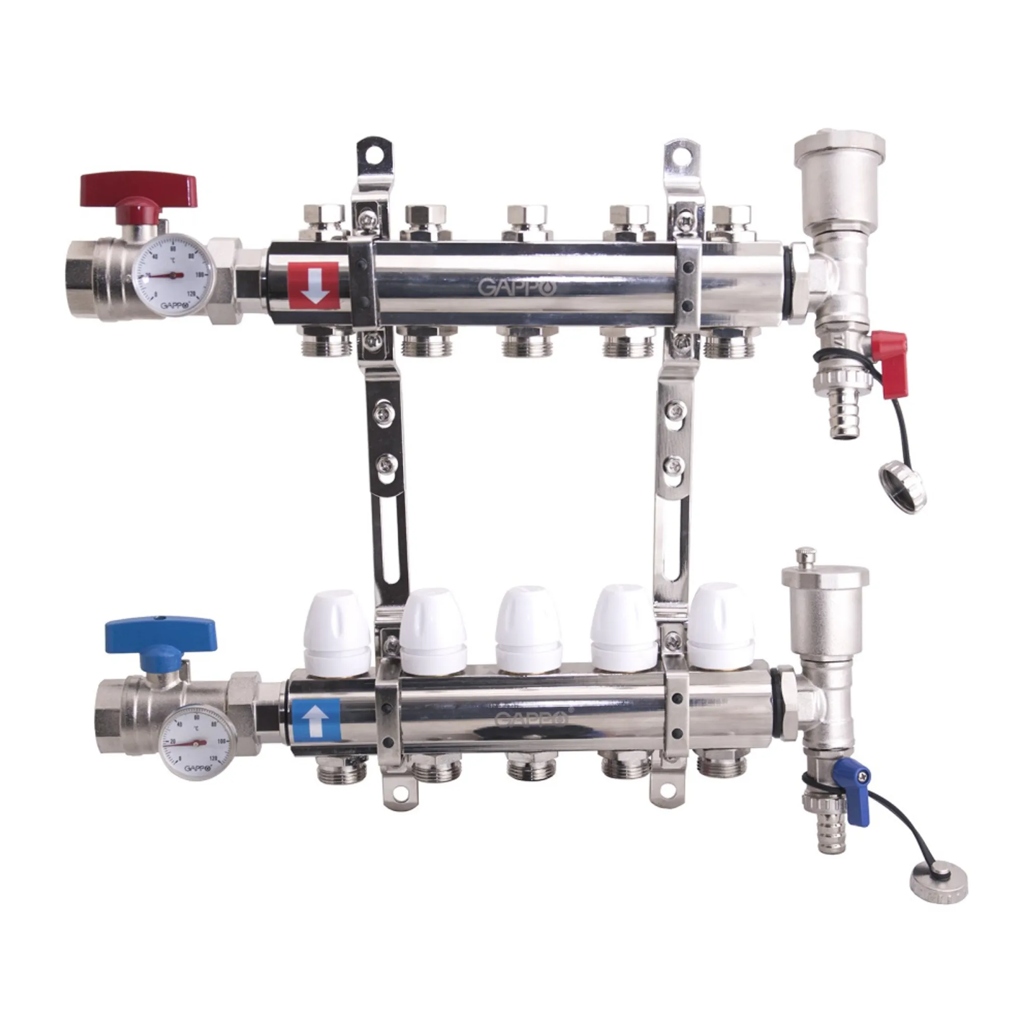 Коллектор латунный с Запорными клапанами 2-вых.1"х 3/4" в сборе GAPPO (2 крана, 2 конечн. элемента)